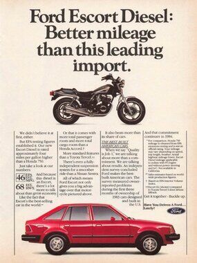 1983 Ford Escort Diesel Vintage Print Ad Red Car Better Mileage American Auto
